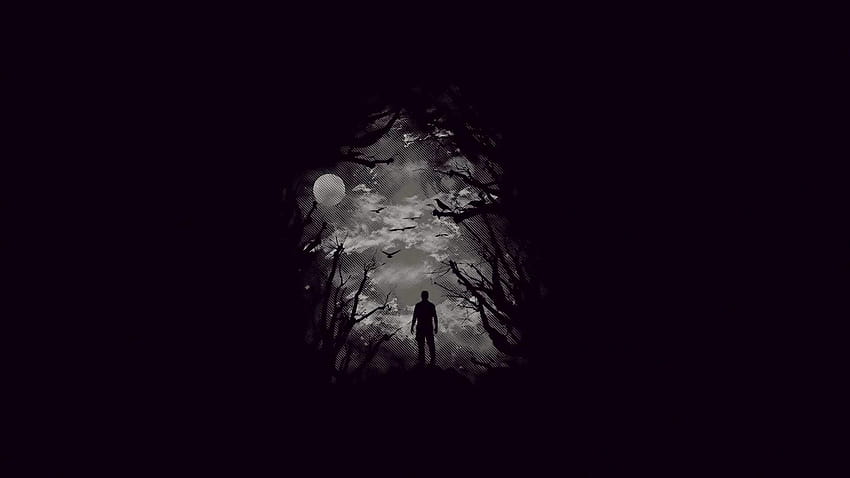 trees, birds, Moon, men, black background, gloomy :: HD wallpaper