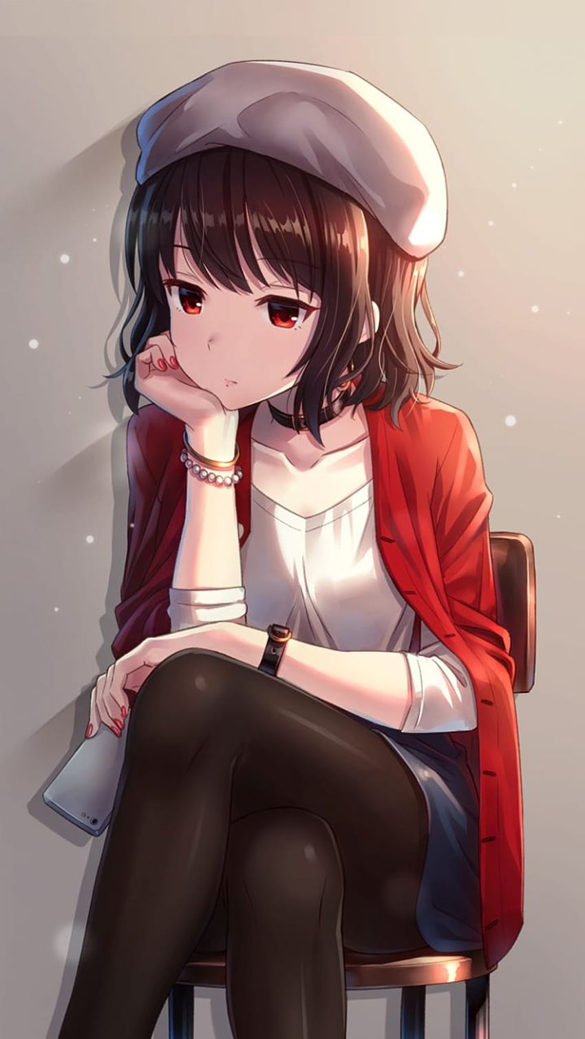 Red Eyes, Cute Anime Girl, Sitting, Original, alpha girl HD phone wallpaper  | Pxfuel