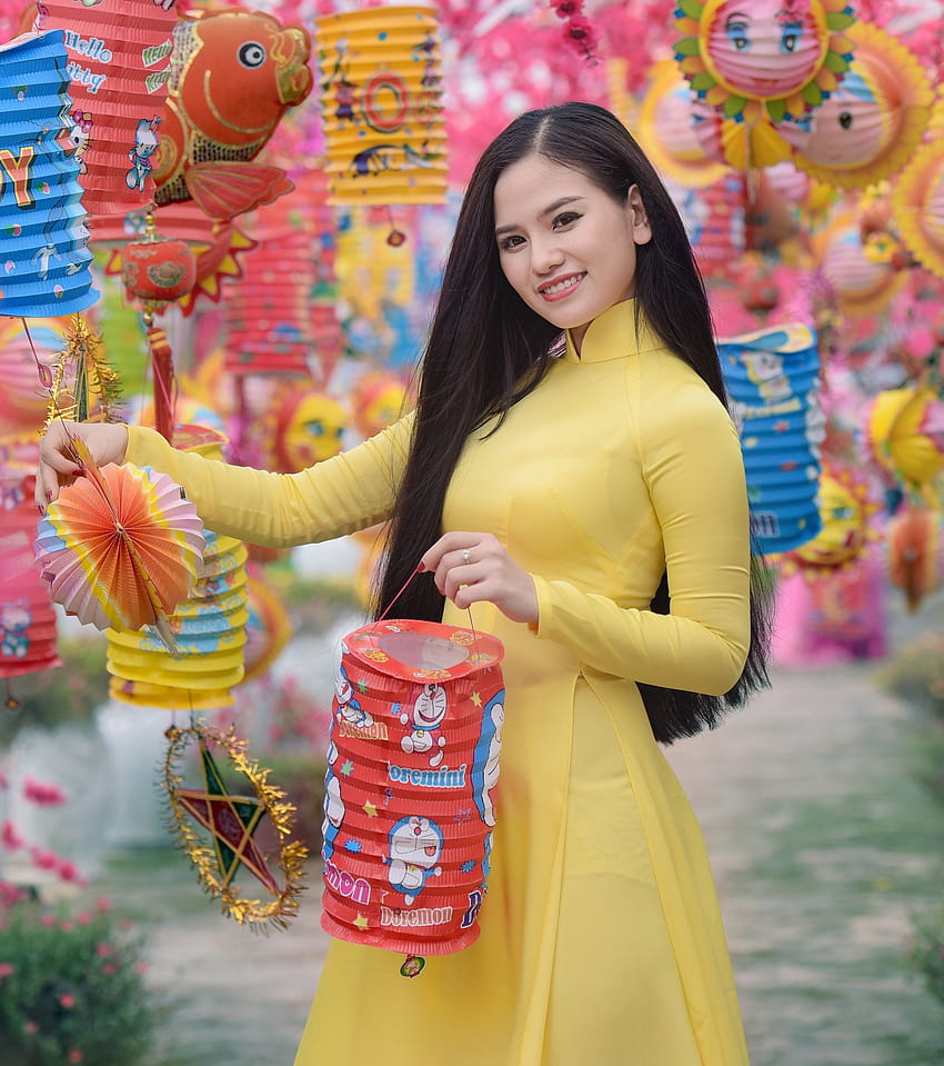 2480x2798 Asian, Women, Yellow Dress, Smiling, Lanterns HD phone wallpaper