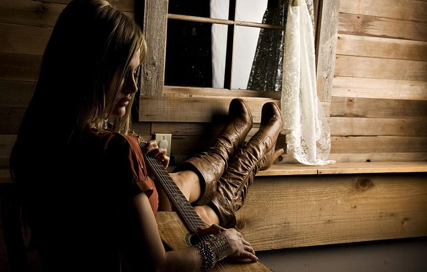 girl, guitar, boots, Country Girl HD wallpaper