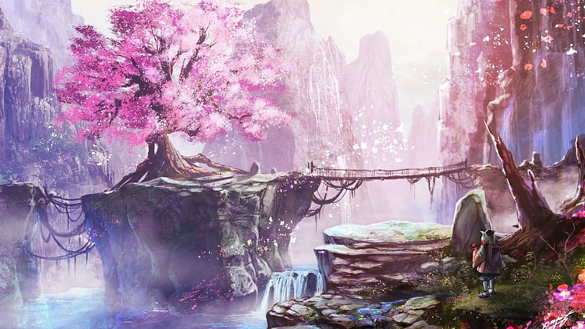 1920x1080 Paisaje animado, flor de cerezo, puente, cascada, chica anime, naturaleza para ancha, paisaje animado rosa fondo de pantalla