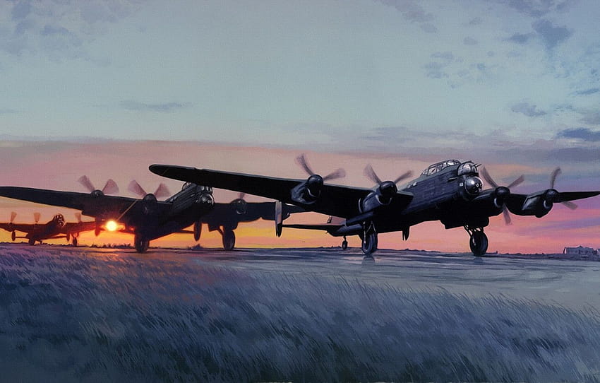 wojna, sztuka, malarstwo, lotnictwo, II wojna światowa, Avro Lancaster Tapeta HD