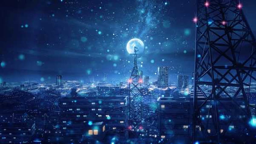 Blue Night Big Moon Anime Scenery, anime street HD wallpaper