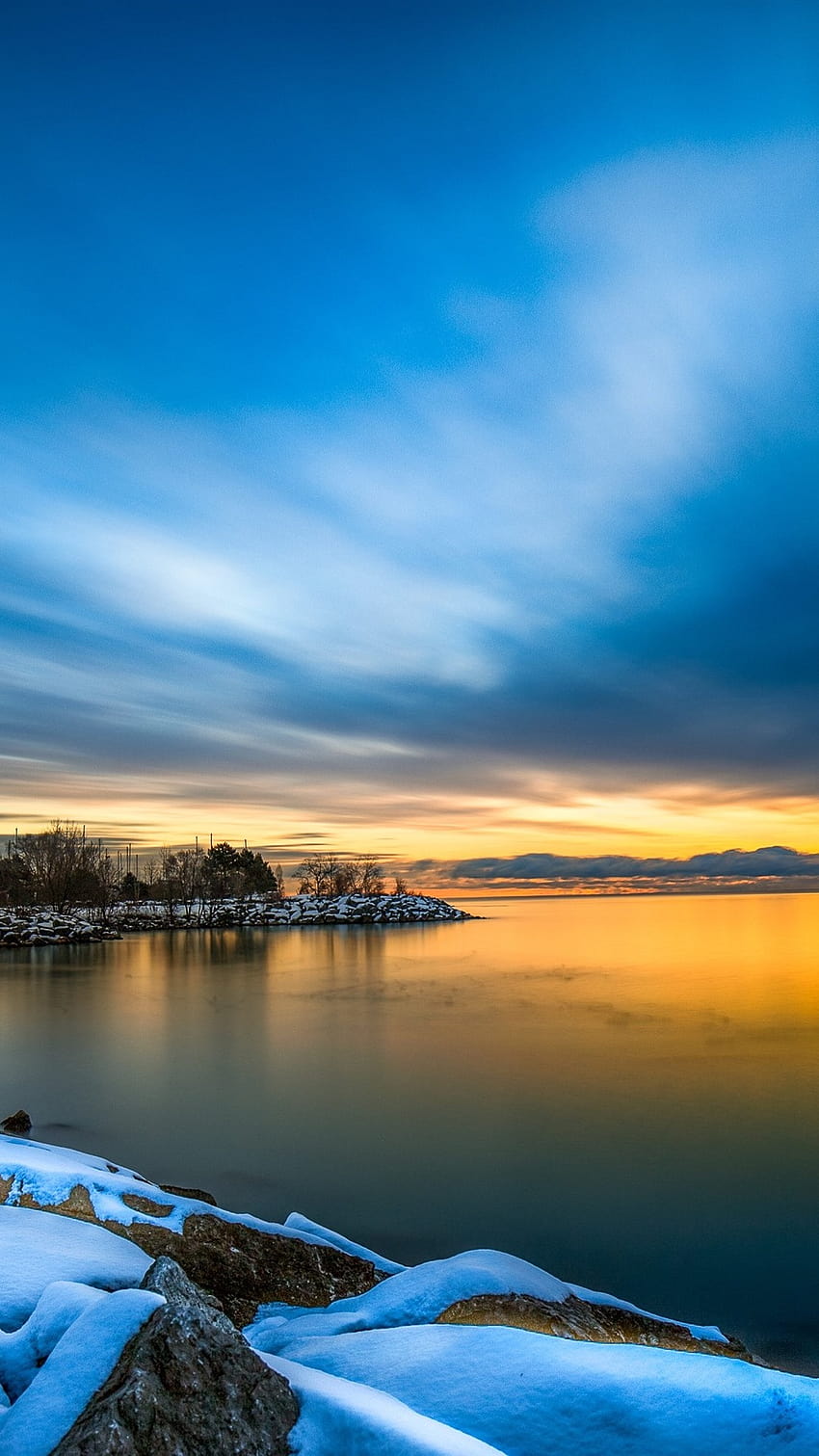 Winter, lake, snow, trees, dusk, sunset 1080x1920 iPhone 8/7/6/6S Plus , background, winter lake phone HD phone wallpaper