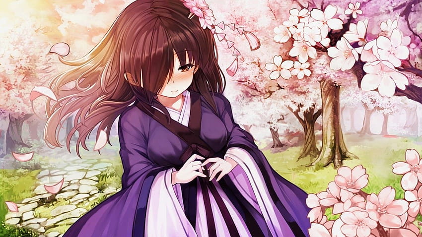 1366x768 Anime Girl, Brown Hair, Kimono, Sakura Blossom, anime shy girl HD wallpaper