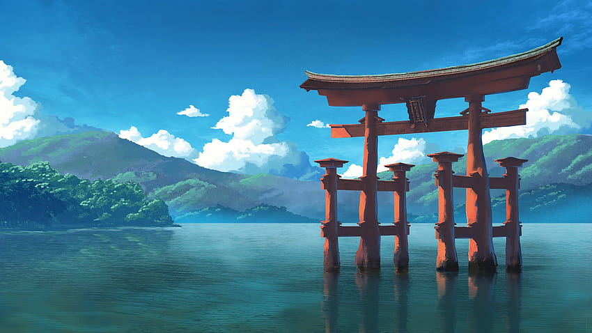 Cyfrowa brama Tori, świątynia, woda, góry, chmury, brama torii anime Tapeta HD