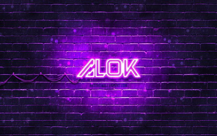 Fioletowe logo Alok, supergwiazdy, brazylijscy DJ-e, fioletowa ściana z cegły, nowe logo Alok, Alok Achkar Peres Petrillo, Alok, gwiazdy muzyki, neonowe logo Alok, logo Alok ., Logo Tapeta HD