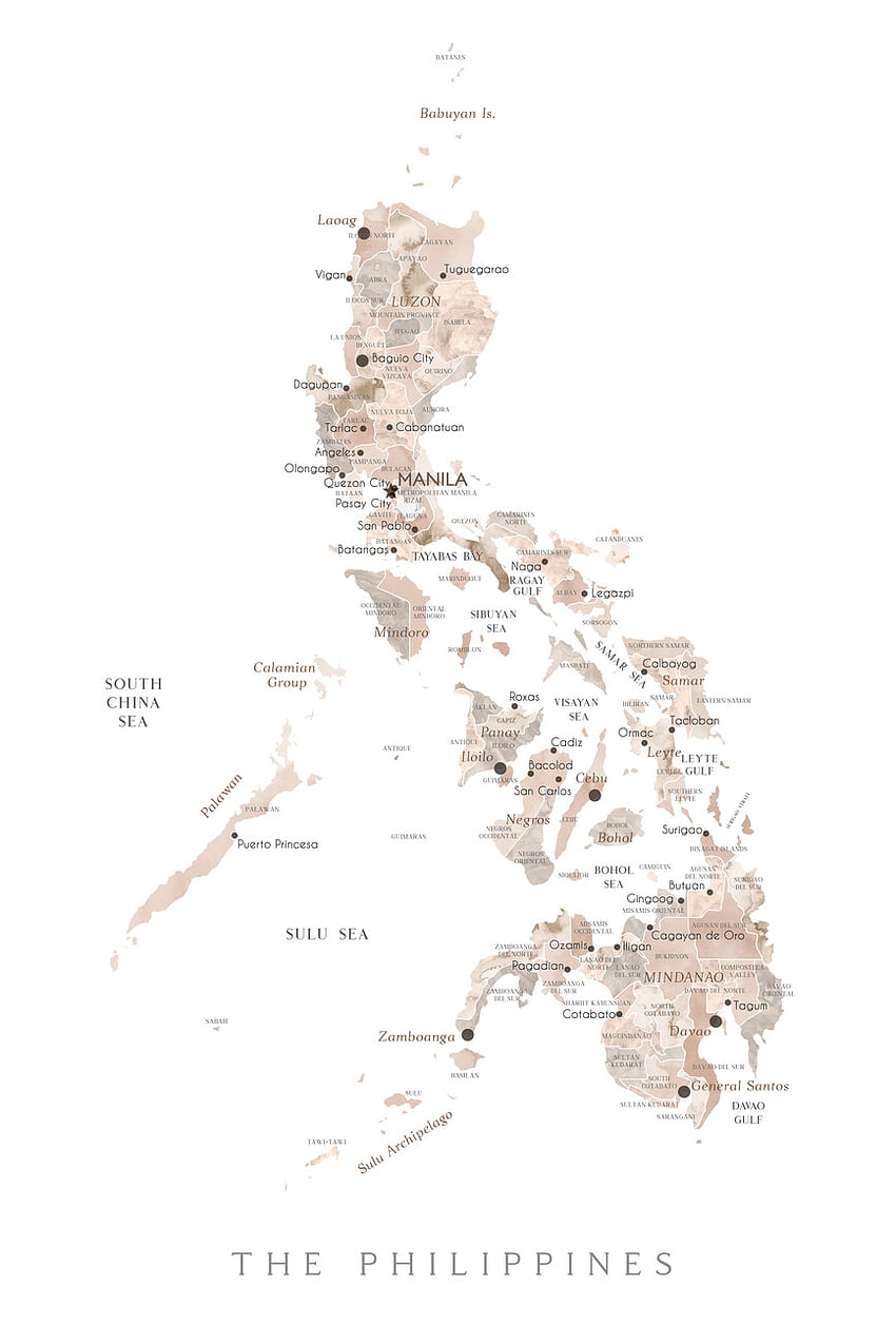 Carte de la carte des Philippines à l'aquarelle neutre Cartes de toutes les villes et pays pour votre mur, carte des Philippines Fond d'écran de téléphone HD