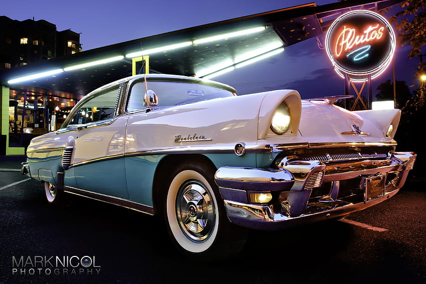 : classic, Canon, automobile, aqua, neon, Mercury, muscle, diner, drivein, chrome, american, 50s, 1740, montclaire, 40d, vision sky 0636, vision outdoor 0635, vision car 0898 3888x2592, drive in HD wallpaper