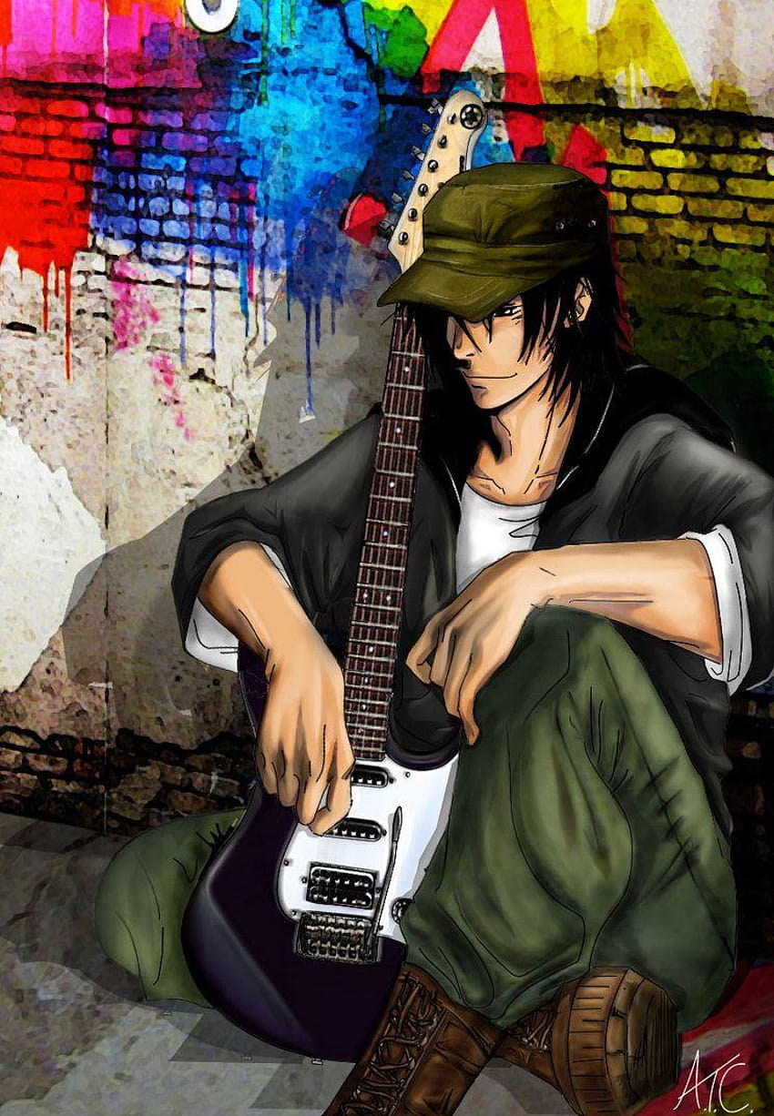 cool anime boy with guitar
