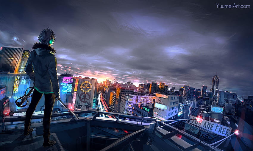 Anime Boy, Hoodie, Night, Cityscape, Rooftop, Sword, rooftop anime HD wallpaper