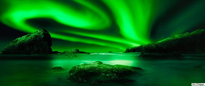 Green aurora northern lights sky, 3440x1440 green HD wallpaper