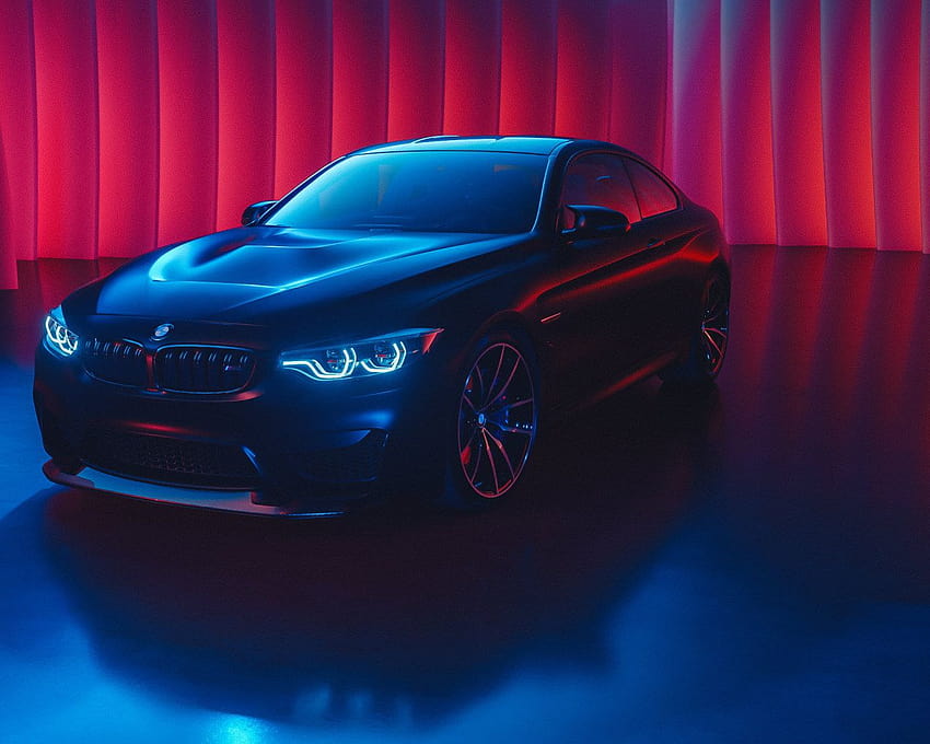 black BMW sedan, BMW M4, car, cyan, blue, red, glowing, black cars • For You For & Mobile HD wallpaper