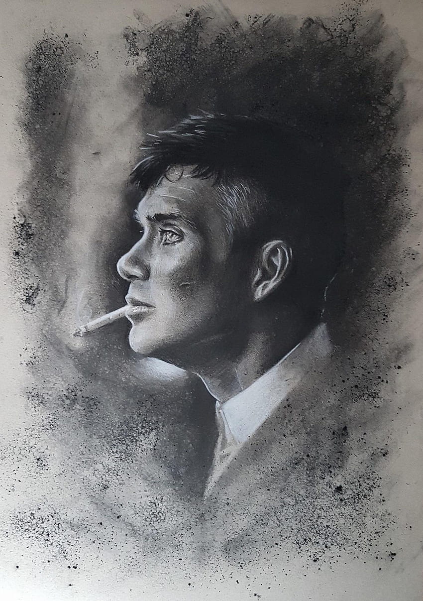 Thomas Shelby smoking drawn with charcoal. : PeakyBlinders, peaky blinders thomas shelby cigarette smoking black and white HD phone wallpaper