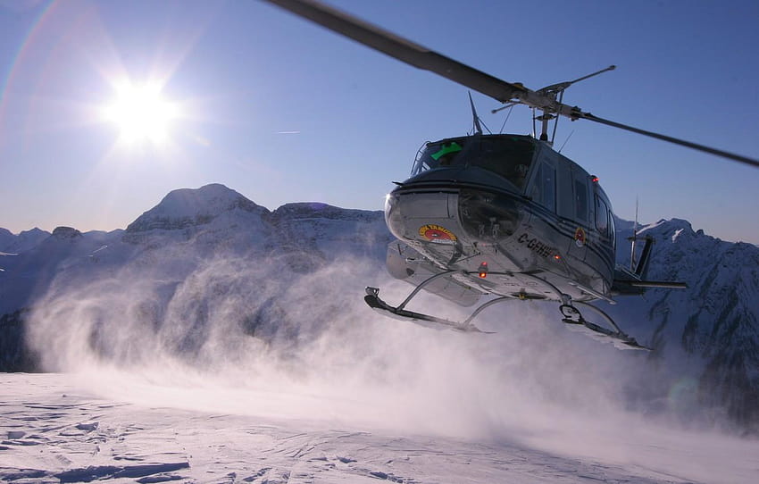 o sol, montanhas, Bell Helicopter Textron, UH, pó de neve papel de parede HD