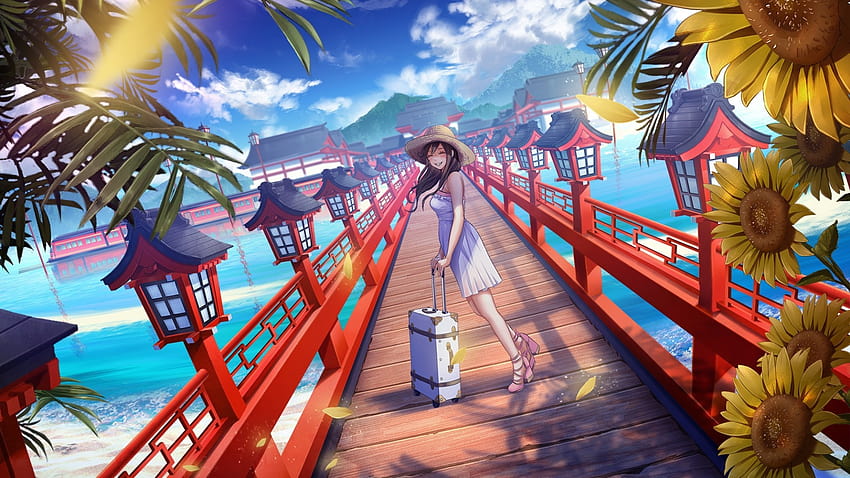 Anime Girl, Summer, Bridge, Japan Traditional Buildings, anime bridge HD wallpaper