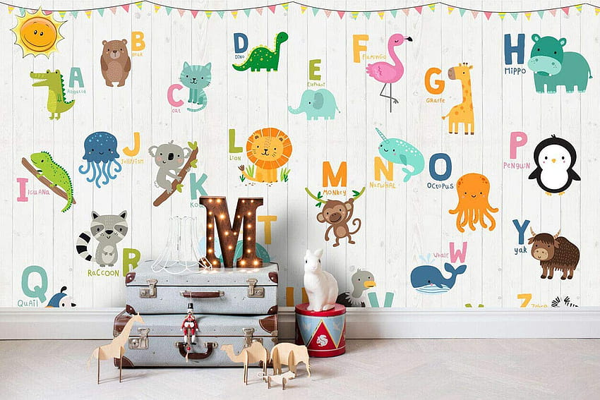 Murwall เด็กตัวอักษรที่มีสีสันจิตรกรรมฝาผนังสัตว์น่ารักพิมพ์ Nursery Wall Art ห้องเด็กห้องเด็กเล่นห้องนอน : สินค้าทำด้วยมือ วอลล์เปเปอร์ HD