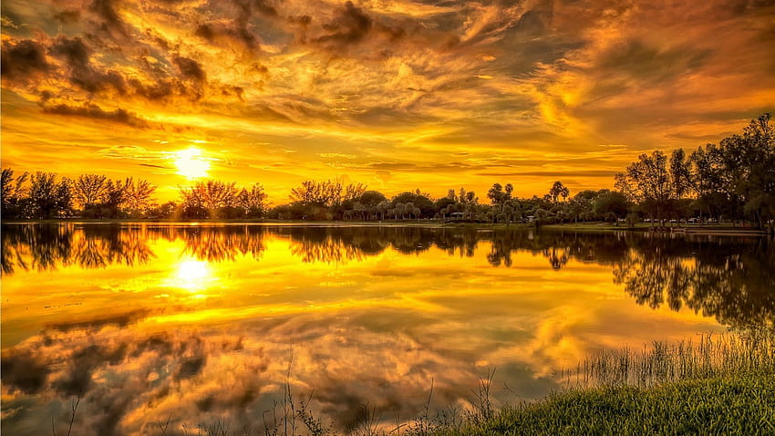 Sunset Calm Lake Trees Grass Yellow Sky Clouds Reflection In Water Backgrounds 2880x1800 : 13, yellow clouds HD wallpaper