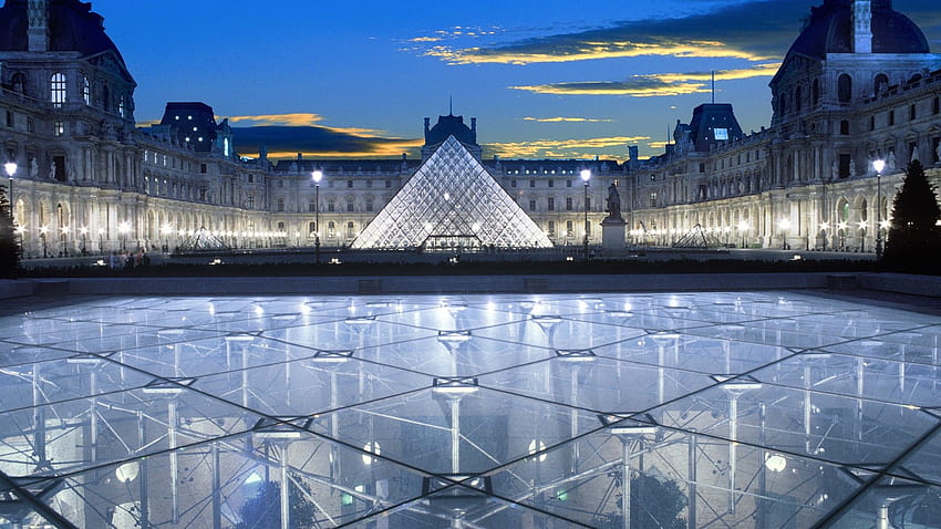 Paris, sunset, France, skyscapes, pyramids, Louvre museum :: HD wallpaper