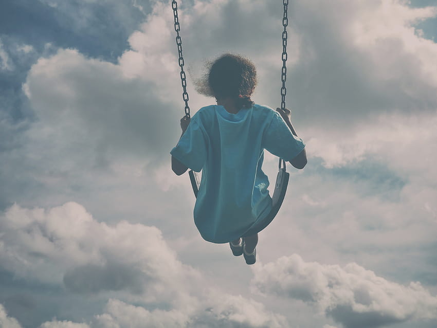 Girl In White Shirt Sitting On Swing Under Gray Clouds, girl swing HD wallpaper