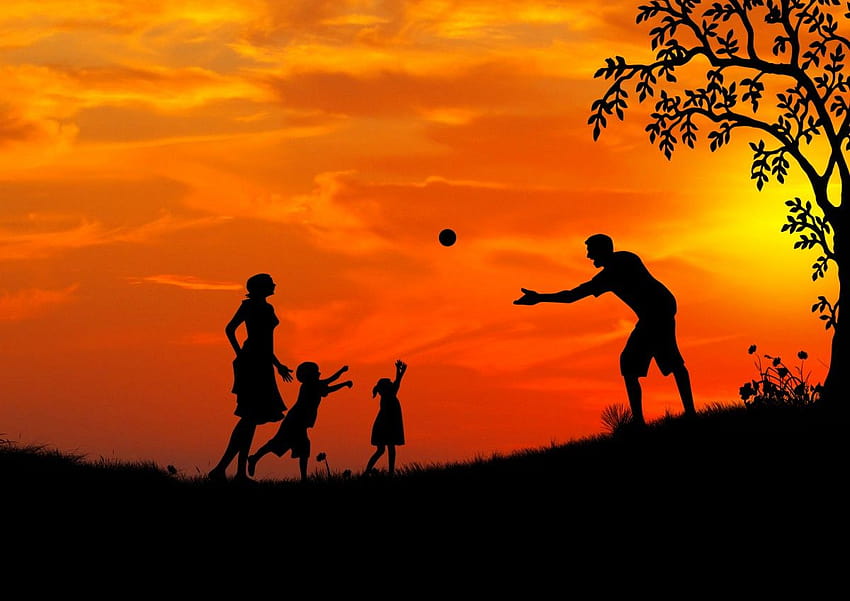 : atmosphere, trip, ball game, tree, trees, dusk, couple, family outing, family life, catch, woman, leisure, background, illustrations, kid, children, joy of life, mood, man, mother, oranges, pair, shadow HD wallpaper