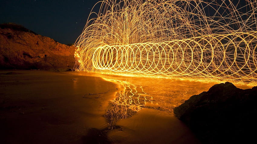 Beach night fire circles events confusion HD wallpaper