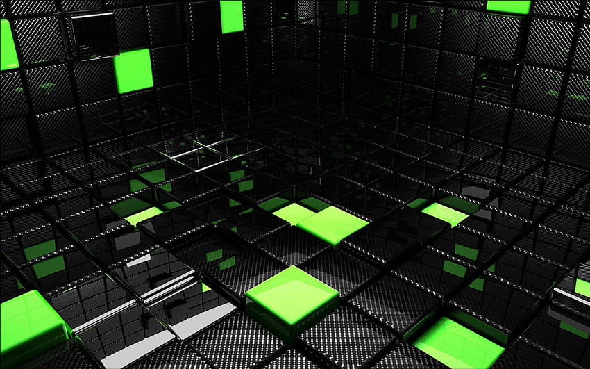 black architecture space green cube square technology structure light area design computer vi…, visual effects HD wallpaper