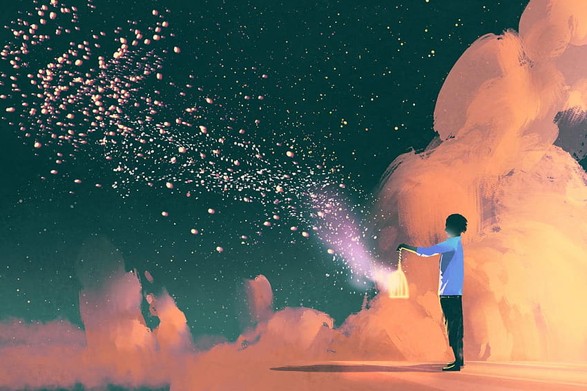 Persona con linterna digital, anime, nubes, lámpara y cielo. fondo de pantalla
