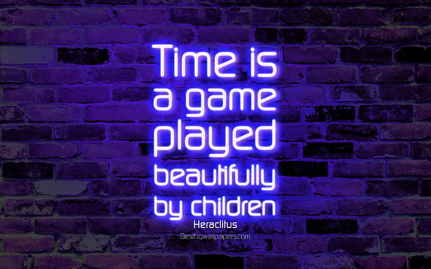 Czas to gra pięknie grana przez dzieci, fioletowa ceglana ściana, cytaty Heraklita, neonowy tekst, inspiracja, Heraklit, cytaty o czasie w rozdzielczości 3840x2400. Wysoka jakość Tapeta HD