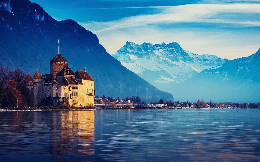 Svizzera, Lago di Ginevra, casa, montagne, acqua, blu, lago di montreux svizzera Sfondo HD