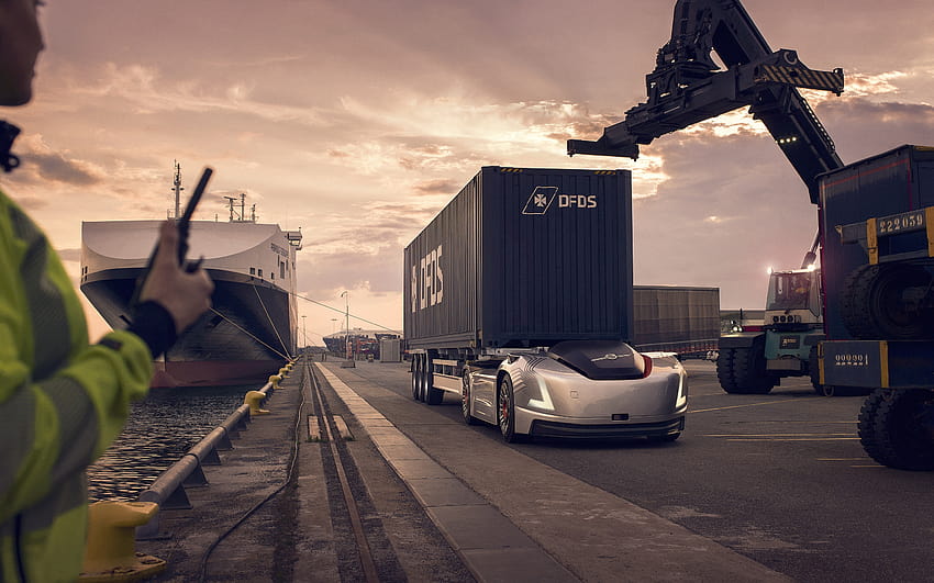 Volvo Vera、2019年、無人貨物電気自動車、電気トラック、コンテナ輸送、海港、輸送コンセプト、解像度2880x1800のボルボ・トラック. 高品質、コンテナ トラック 高画質の壁紙