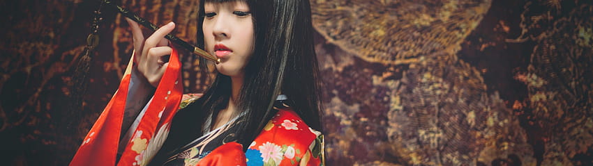 3840x1080 Japanese Women, Kimono, Black Hair, Pink Lipstick, Open Mouth, Asian, Model, 3840x1080 women HD wallpaper