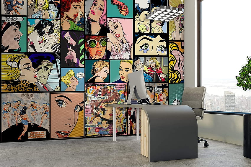 Murwall Pop-Art-Vintage-Comic-Kunst-Wand, Retro-Romantik, Wand, Jugendzimmer, Wohnzimmer, Bibliothek, Dekor: handgefertigt HD-Hintergrundbild