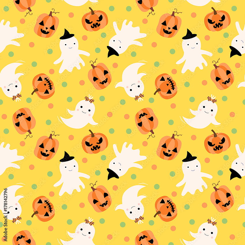 Cute vector seamless pattern for Halloween with ghosts and pumpkins on yellow backgrounds Stock Vector HD phone wallpaper