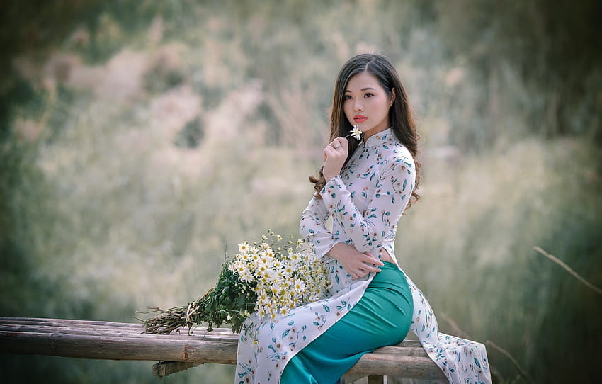 Mädchen, Blumen, Kleid, asiatisch, sitzend, vietnamesisch, Abschnitt девушки, vietnamesisches Mädchen HD-Hintergrundbild