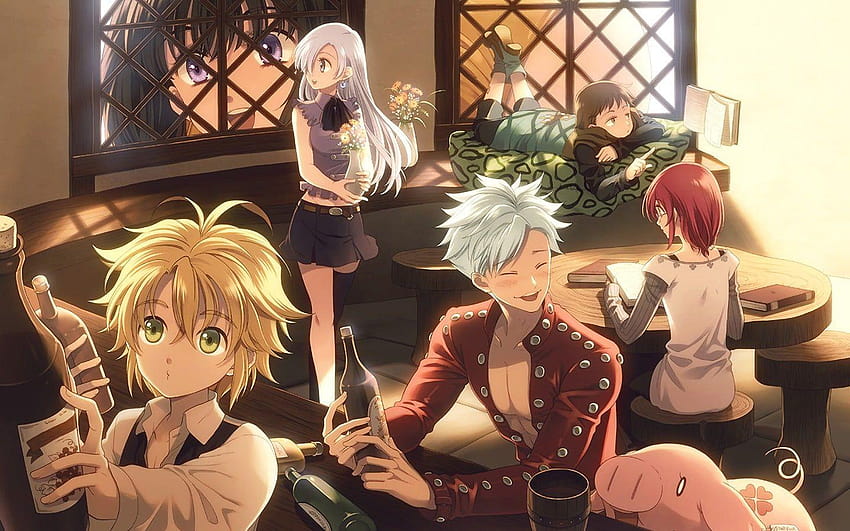 Five anime characters in dining area graphic, nanatsu no taizai HD wallpaper