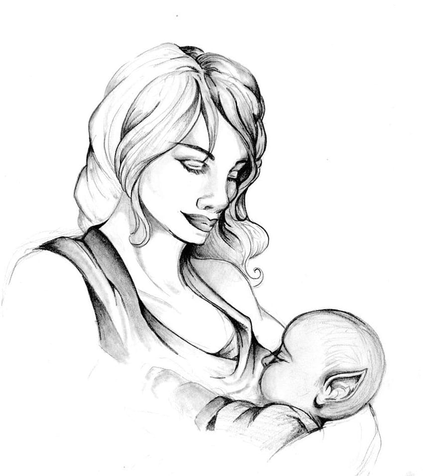 Mom And Baby Drawing, HD Png Download - kindpng