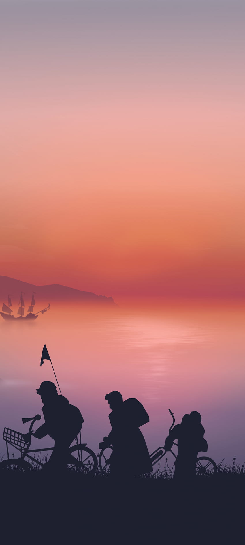 Goonies, Abend, Silhouette, Minimal Art, Landschaft, Lifestyle, Samurai bei Sonnenuntergang HD-Handy-Hintergrundbild