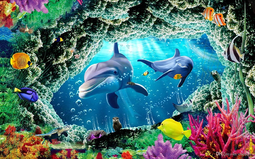 Delfines bajo el agua, animales acuáticos 3d. fondo de pantalla