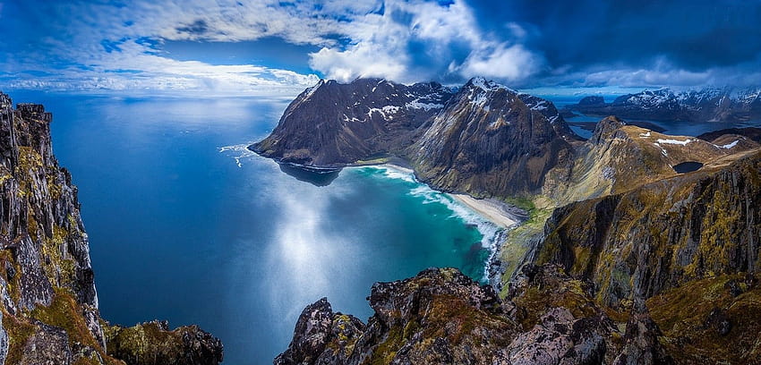manzara, Doğa, Plaj, dağ, Deniz, Ada, Lofoten, Norveç, Yaz, Uçurum, Bulutlar / ve Mobil Arka Planlar, kıyı şeridi dağ deniz bulutları HD duvar kağıdı