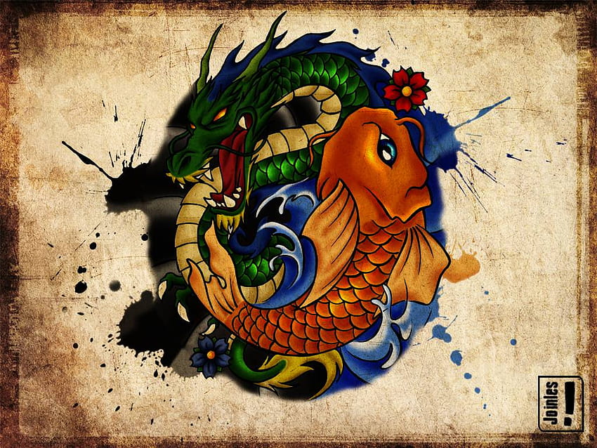 A Dragon and Koi Asian Tattoo, japanese koi tattoo HD wallpaper