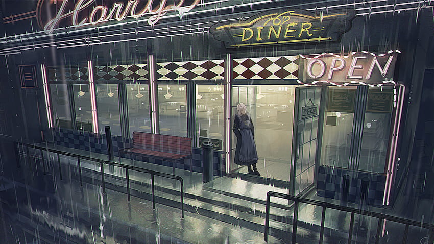 3840x2160 Anime Girl, Raining, Mood, Night, Dining Restaurant, Waitress for U TV, anime restaurant HD wallpaper