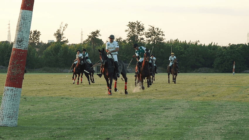 Polo-Herausforderung. Jockey macht einen Schuss Leichte Zeitlupe. N Editorial, Pferdepolo HD-Hintergrundbild