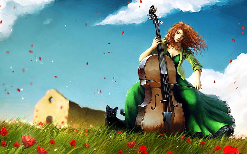 Cello girl on the grass 1920x1200 , anime cello HD wallpaper
