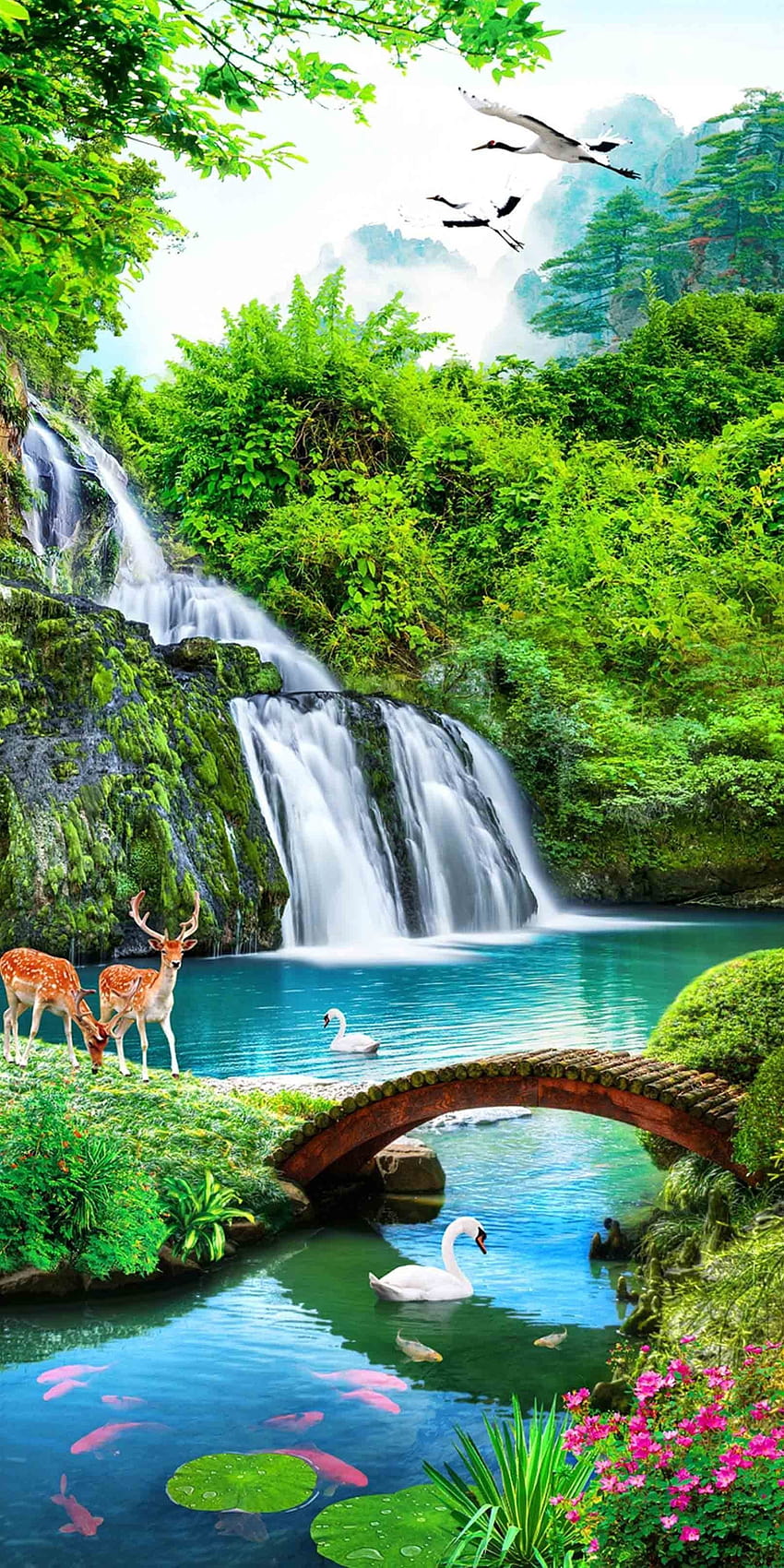 Zwierzęta z wodospadu 3D 1327 Stair Risersdi 2020, wiosenne wodospady z małymi zwierzętami Model 3D Tapeta na telefon HD