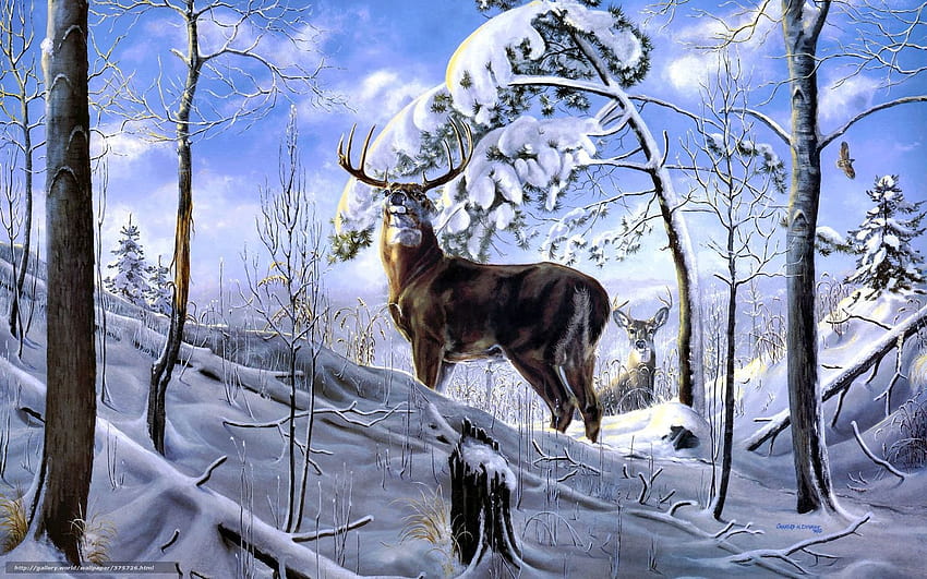 Deers in Winter, Snow, Deer, Winter, Paintig, HD wallpaper