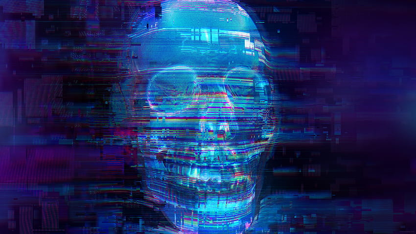 Cráneo, miedo, arte glitch, azul neón, 2560x1440, ancho doble, ancha 16:9, ancha, falla de neón fondo de pantalla