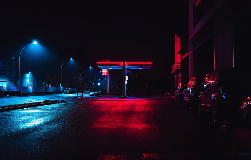 lights, dark, wet, rain, cars, night, street, neon, gas station HD wallpaper