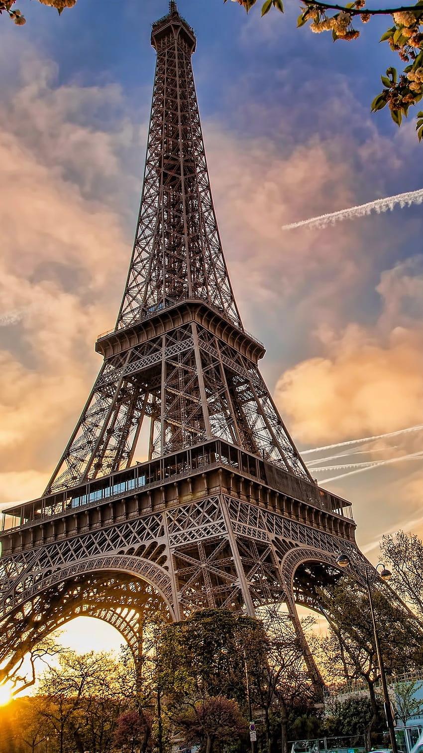Prancis, Paris, Menara Eiffel, lanskap kota, bunga mekar, musim semi, senja 1080x1920 iPhone 8/7/6/6S Plus , latar belakang, musim semi di paris wallpaper ponsel HD