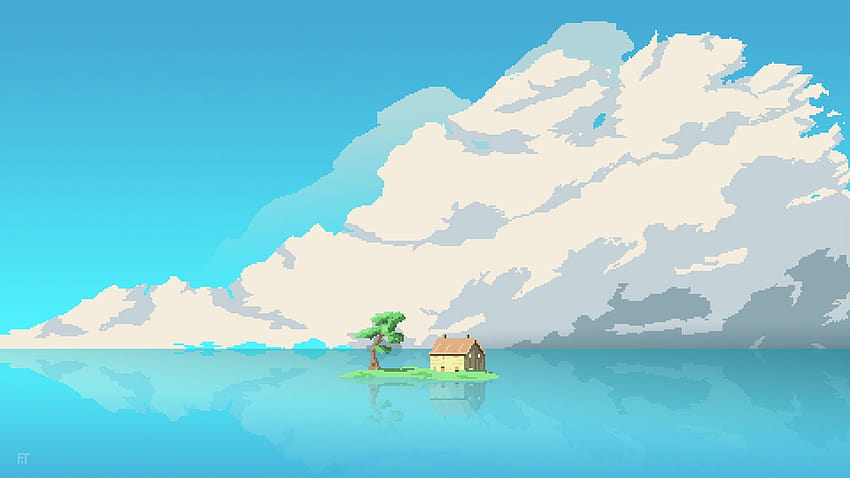 Pixel art house on a small island, small size HD wallpaper